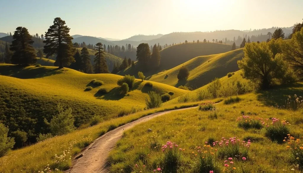A tranquil scene in the Sierra Foothills of California, showcasing the region's natural beauty during its prime visitation months. A sun-dappled landscape, with rolling hills covered in lush, verdant foliage. In the foreground, a winding trail leads through a serene meadow, dotted with vibrant wildflowers. Towering pine and oak trees line the horizon, casting soft shadows across the scene. The lighting is warm and gentle, with a golden glow that permeates the atmosphere. The overall mood is one of peaceful serenity, inviting the viewer to imagine a weather-savvy adventure through this picturesque region.