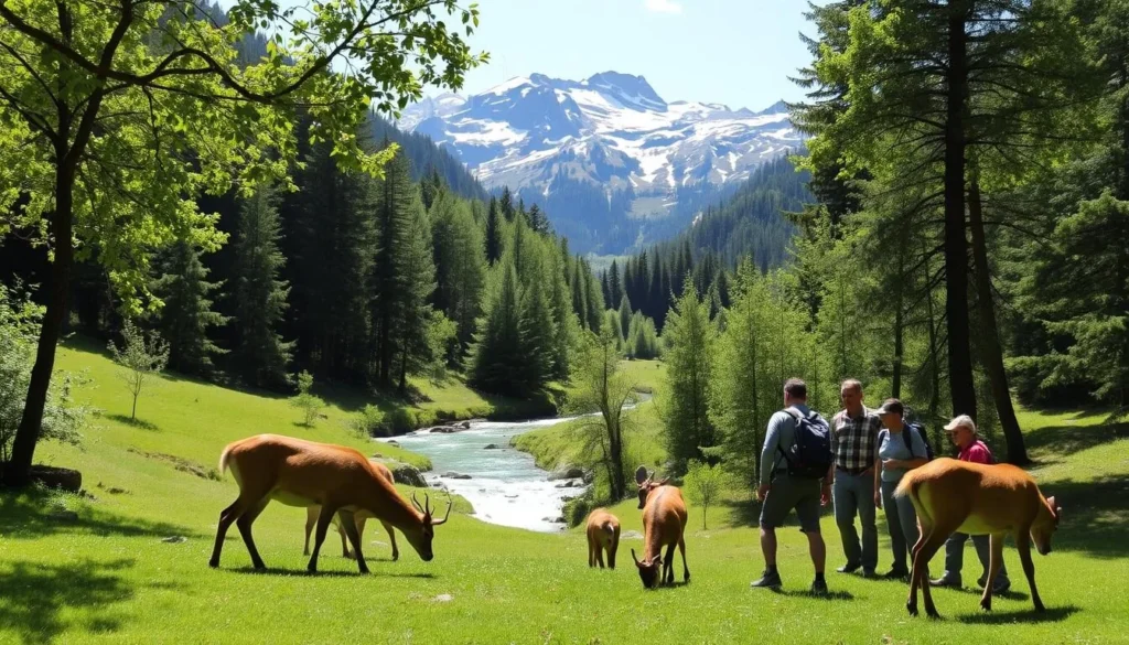 A tranquil scene in the heart of Swiss National Park, where nature takes center stage. In the foreground, a group of curious hikers pause to observe a family of deer grazing peacefully. The lush, verdant forest provides a serene backdrop, with dappled sunlight filtering through the canopy. In the middle ground, a crystal-clear mountain stream winds its way through the landscape, its gentle murmurs creating a soothing ambiance. In the distance, majestic snow-capped peaks rise up, their rugged beauty complementing the idyllic setting. The overall atmosphere is one of harmony and respect for the natural world, inviting visitors to immerse themselves in the wonder of this Swiss wilderness.