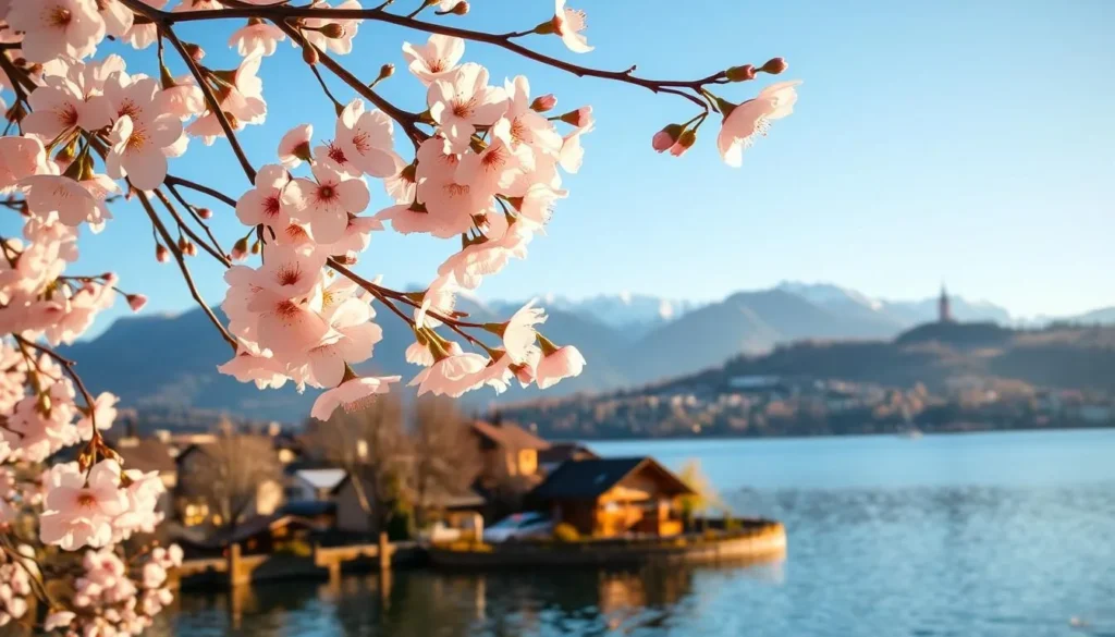A tranquil scene near the serene waters of Lake Lucerne, Switzerland. In the foreground, delicate cherry blossoms in full bloom sway gently in the soft breeze, their pale pink petals casting a warm, romantic glow. The middle ground reveals a picturesque village nestled along the lakeshore, its traditional wooden architecture bathed in the golden hues of the afternoon sun. In the background, the majestic Swiss Alps rise up, their snow-capped peaks creating a breathtaking contrast against the azure sky. The overall atmosphere is one of serene beauty, inviting the viewer to linger and savor the tranquil charm of this idyllic setting.