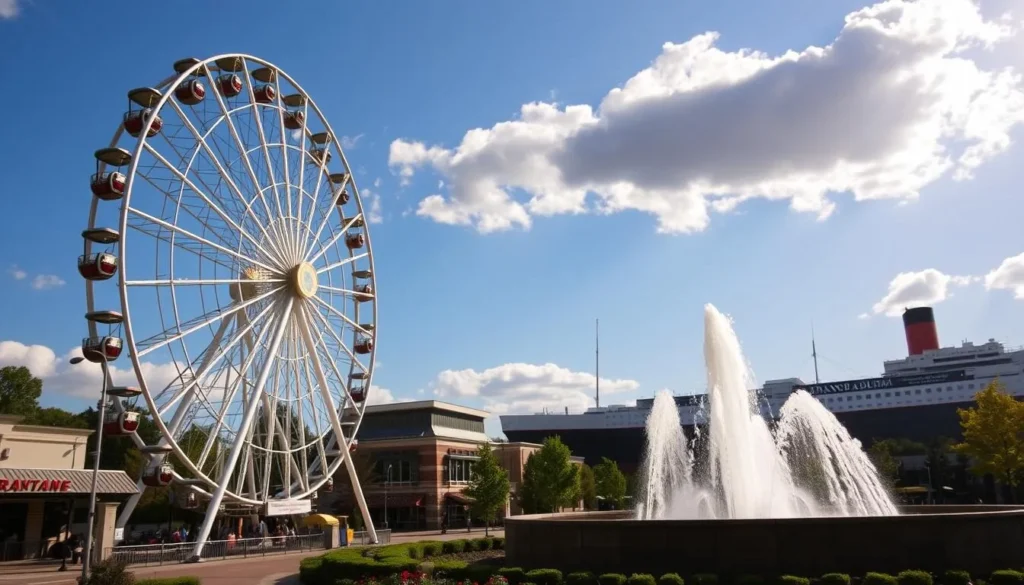 A tranquil scene of Branson's iconic attractions on a pleasant day. In the foreground, the giant Ferris wheel of the Branson Ferris Wheel spins leisurely, its gondolas carrying visitors high above the bustling streets. In the middle ground, the stately Branson Landing fountain cascades, its waters shimmering in the warm sunlight. Beyond, the towering Branson Titanic Museum stands majestically, its architectural details captured in crisp detail. A clear blue sky with fluffy white clouds overhead completes the picturesque tableau, conveying the inviting and vibrant atmosphere of this Ozark Mountain getaway.
