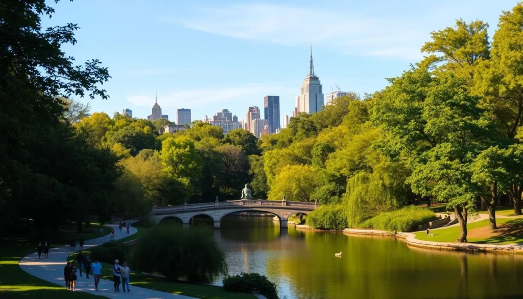 A tranquil scene of Central Park in New York City, bathed in the warm glow of a sunny afternoon. The lush, verdant foliage of the park's iconic trees frames a picturesque lake, its calm surface reflecting the surrounding natural beauty. In the foreground, people stroll along the winding pathways, enjoying the outdoor recreation and leisure. The middle ground features a classic stone bridge, arching gracefully over the water. In the distance, the iconic skyline of Manhattan rises, creating a striking contrast between the urban landscape and the serene, natural oasis of the park. The overall atmosphere is one of relaxation and tranquility, capturing the essence of outdoor recreation in a vibrant, metropolitan setting.