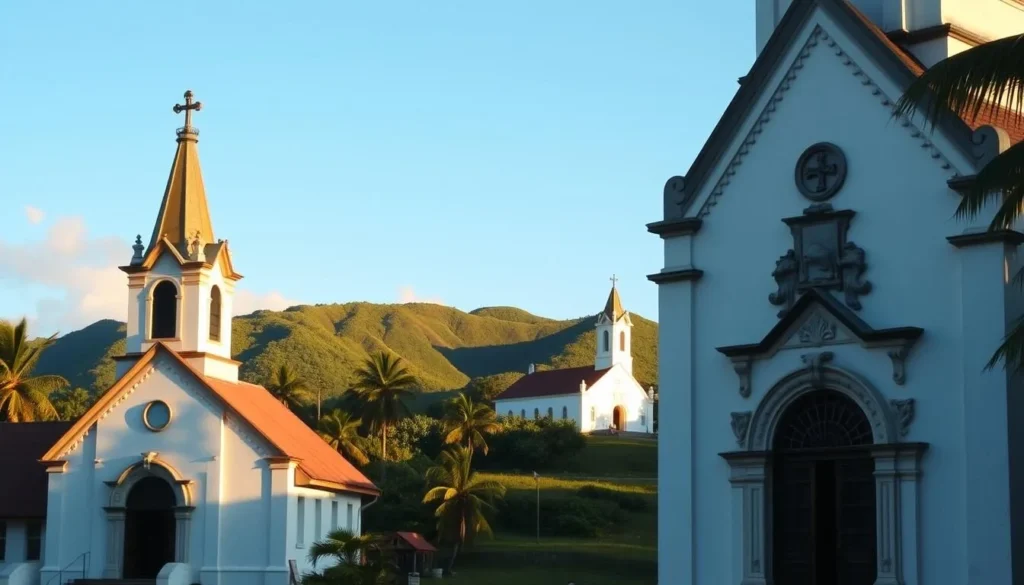 A tranquil scene of Gambier Islands churches, their steeples and facades bathed in warm, golden sunlight. The foreground showcases the ornate architectural details of a majestic church, its whitewashed walls and carved wooden doors inviting exploration. In the middle ground, neighboring churches dot the lush, verdant landscape, their bell towers standing tall against a clear, azure sky. Surrounding the churches, gently rolling hills and swaying palm trees create a serene, picturesque atmosphere, capturing the religious heritage and natural beauty of this remote French Polynesian archipelago.