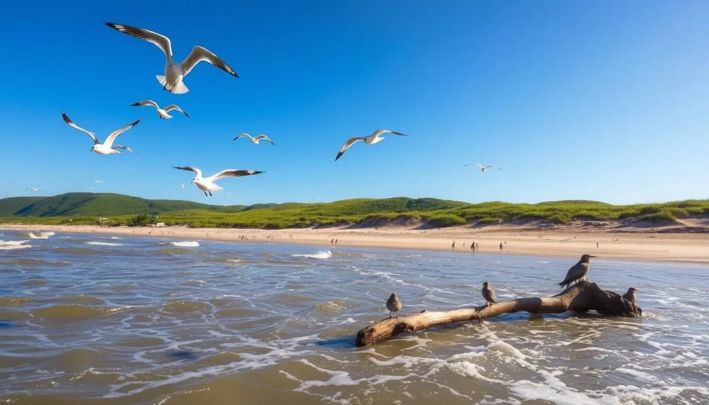 A tranquil scene of Hampton Beach State Park, New Hampshire. In the foreground, a flock of seagulls gracefully soar above the glistening waves, their wings catching the warm afternoon sunlight. In the middle ground, a diverse array of coastal wildlife thrives, including piping plovers scurrying along the shoreline and ospreys perching atop weathered driftwood. The background features the lush, verdant dunes and rolling hills, creating a picturesque natural landscape. The overall atmosphere is one of serene, unspoiled beauty, inviting visitors to immerse themselves in the park's ecological wonders. Crisp, high-resolution image captured with a wide-angle lens to showcase the breathtaking scope of this coastal haven.