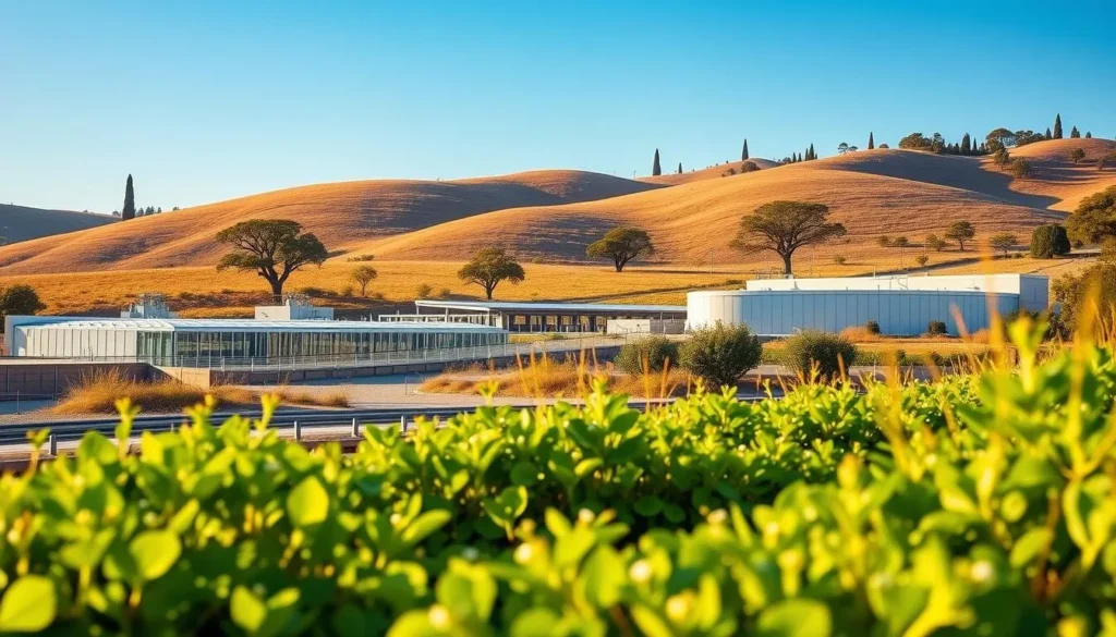 A tranquil scene of Santa Clara County's water conservation efforts. In the foreground, a lush green garden thrives, demonstrating sustainable landscaping practices. Midground, a modern water treatment facility stands, its sleek architecture reflecting the blue sky above. In the background, rolling hills dotted with oak trees provide a scenic backdrop. Warm, golden lighting bathes the scene, creating a serene and inviting atmosphere. The image conveys a sense of harmony between nature and technology, showcasing how Santa Clara County prioritizes environmental stewardship and responsible water management.