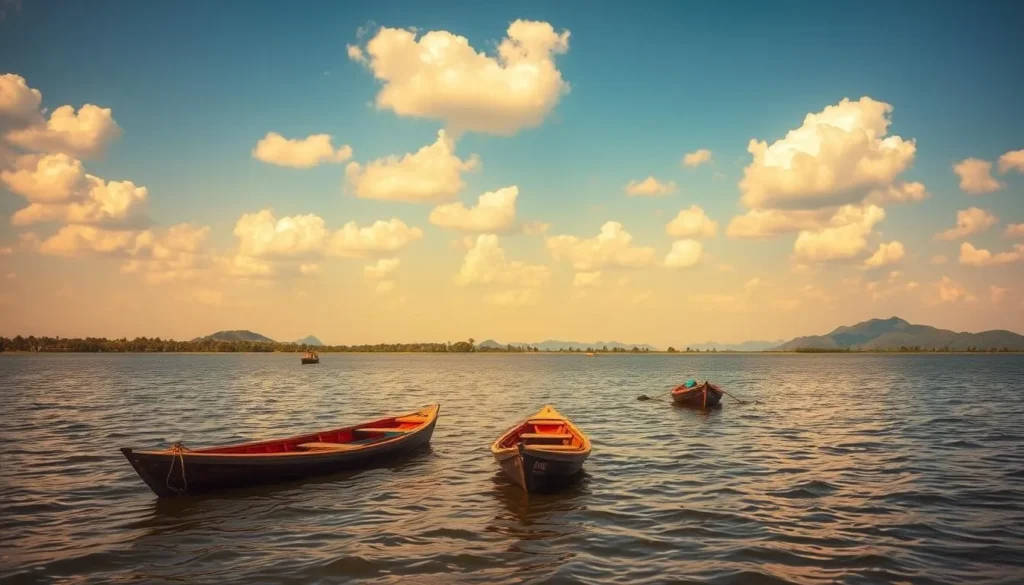 A tranquil scene of Tonle Sap Lake, the largest freshwater lake in Southeast Asia. Expansive waters reflect the vibrant blue sky dotted with fluffy white clouds. In the foreground, traditional wooden boats bob gently on the calm surface, their vibrant colors contrasting with the muted greens and browns of the surrounding lush, verdant landscape. Distant hills rise up on the horizon, creating a sense of depth and scale. Warm, diffused sunlight casts a soft, golden glow over the entire tableau, evoking a serene, peaceful atmosphere. Capture the true essence of this remarkable natural wonder.