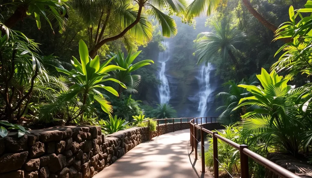 A tranquil scene of Waimea Valley's lush, verdant landscape, showcasing its accessibility. Capture the inviting pathway winding through the tropical foliage, leading visitors towards the captivating waterfall in the distance. Sunlight filters through the canopy, casting a warm, natural glow across the scene. Textured stone walls flank the path, complementing the organic surroundings. Include details such as well-maintained signage and handrails, ensuring a comfortable and safe exploration for all. Convey a sense of serene accessibility, inviting visitors to immerse themselves in the valley's natural beauty.