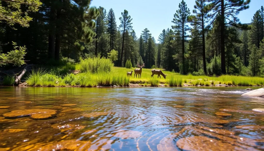 A tranquil scene of the Crystal Springs Wildlife Refuge, California. In the foreground, a crystal-clear stream flows gently, its surface reflecting the lush, verdant foliage surrounding it. Mid-ground, a family of deer grazes peacefully, their elegant movements captured in a soft, natural light. In the background, towering pine trees sway in a gentle breeze, their canopies casting dappled shadows on the scene below. The overall atmosphere is one of serene calm, inviting the viewer to immerse themselves in the beauty and tranquility of this natural oasis.