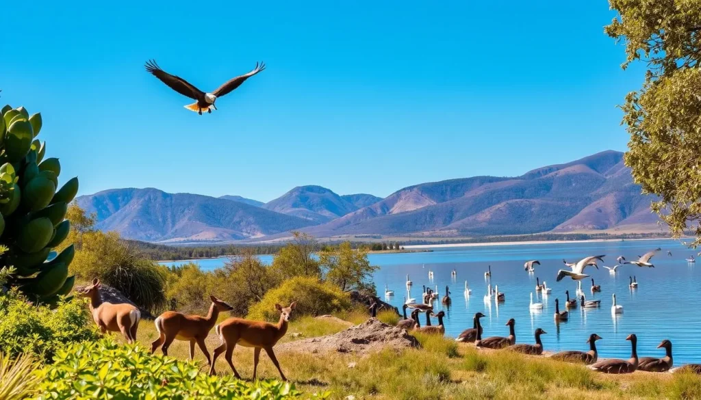 A tranquil scene of the Long Valley Reservoir, California, with diverse wildlife in their natural habitat. In the foreground, a family of deer cautiously emerges from the lush, verdant foliage, their gentle movements captured in soft, natural lighting. In the middle ground, a majestic bald eagle soars overhead, its powerful wings outstretched against a brilliant azure sky. Around the reservoir's edge, various waterfowl such as Canada geese and mallard ducks gracefully glide across the calm, mirror-like surface. The surrounding hills and mountains provide a picturesque backdrop, conveying a sense of peace and harmony in this wildlife haven.