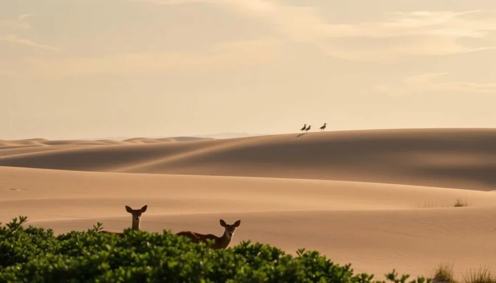 A tranquil scene of the Oregon Dunes National Recreation Area, where sun-dappled sand dunes stretch out as far as the eye can see. In the foreground, a family of deer cautiously emerges from the lush, verdant foliage, their keen eyes scanning the landscape. In the middle ground, a pair of plovers dart across the undulating dunes, their delicate movements captured in crisp detail. The background features a hazy, atmospheric sky, with wispy clouds drifting lazily overhead, casting a warm, golden glow over the entire scene. Captured with a wide-angle lens, this image offers a serene and immersive glimpse into the wildlife-rich environment of the Oregon Dunes.