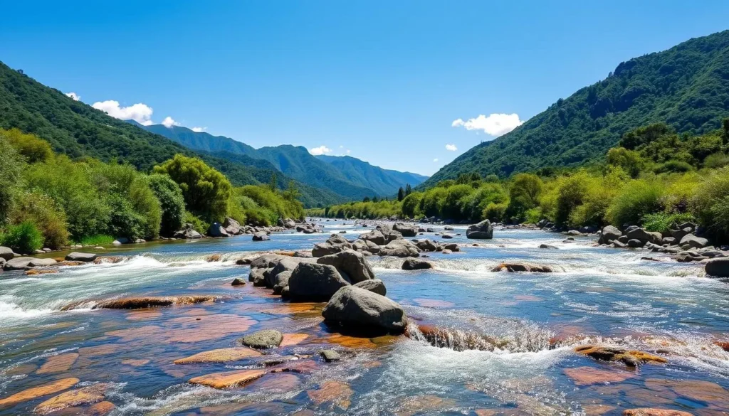 A tranquil scene of the Vilcabamba River with mountains in the background and lush vegetation A tranquil scene of the Vilcabamba River with mountains in the background and lush vegetation