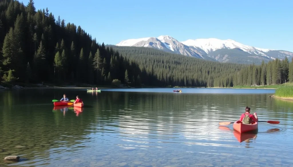 A tranquil scene of the serene Mount Baldy lakes, nestled amidst lush, verdant forests. In the foreground, crystal-clear waters reflect the surrounding nature, inviting visitors to engage in peaceful activities such as kayaking, canoeing, or simply taking a leisurely stroll along the shores. The middle ground features hikers and families enjoying the breathtaking vistas, while the background showcases the majestic snow-capped peaks of Mount Baldy, bathed in warm, golden sunlight. The atmosphere is one of serene tranquility, perfectly capturing the essence of the lakes' natural beauty and the abundance of recreational opportunities they offer.
