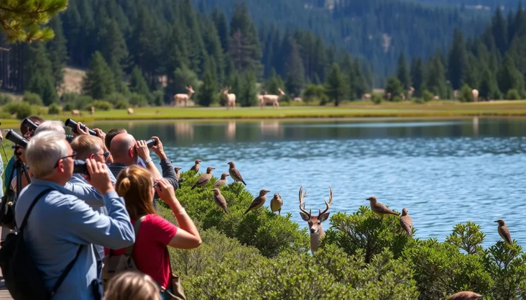 A tranquil scene of wildlife viewing at Eastman Lake, California. In the foreground, a group of birdwatchers with binoculars and cameras, observing a variety of native birds perched on the lush vegetation along the lake's edge. The middle ground reveals the serene, glassy waters of the lake, reflecting the surrounding pine-covered hills. In the background, a herd of deer grazes peacefully, their movements captured in a soft, natural light. The atmosphere is one of peaceful contemplation, inviting the viewer to immerse themselves in the beauty of this pristine natural environment.