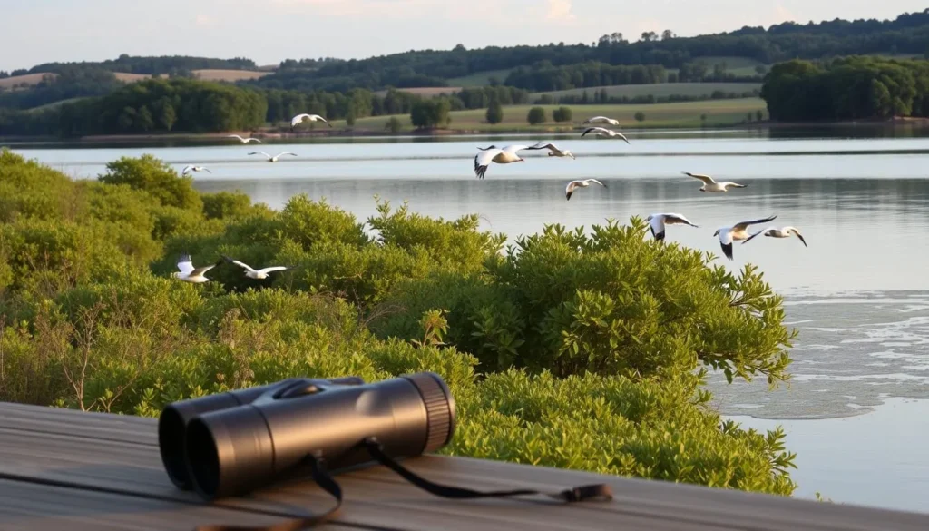 A tranquil scene of wildlife viewing at Stockton Lake, Missouri. In the foreground, a pair of binoculars rests on a wooden observation deck, overlooking a serene waterscape. Migratory birds gracefully skim the surface, their reflections rippling in the calm waters. The middle ground features lush, verdant foliage, home to a variety of native flora and fauna. In the distance, rolling hills dotted with towering trees form the backdrop, bathed in the warm glow of a golden-hour sunset. The atmosphere is one of peaceful contemplation, inviting visitors to immerse themselves in the natural beauty of this idyllic location.