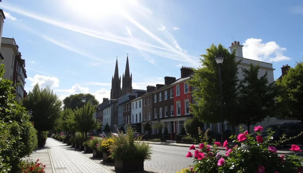 A tranquil street in Dublin, Ireland, on a pleasant sunny day. In the foreground, lush greenery and blooming flowers line the cobblestone sidewalks. Warm sunlight filters through wispy clouds, casting a soft glow over the colorful Georgian townhouses in the middle ground. In the background, the iconic spires of Christ Church Cathedral rise majestically, hinting at the city's rich history. The scene exudes a charming, picturesque atmosphere, capturing the essence of Dublin's temperate climate and inviting ambiance.