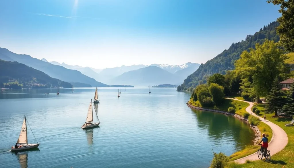 A tranquil summer day at Interlaken, Switzerland. The calm waters of the Thunersee and Brienzersee glisten in the warm sunlight, reflecting the surrounding snow-capped peaks and lush, verdant shores. In the foreground, sailboats and paddleboats dot the pristine lakes, while hikers and cyclists enjoy the picturesque trails that wind through the rolling hills. The air is crisp and clear, with a gentle breeze rustling the trees. The overall scene exudes a sense of serene beauty and outdoor adventure, perfectly capturing the charm and allure of this iconic Swiss destination.