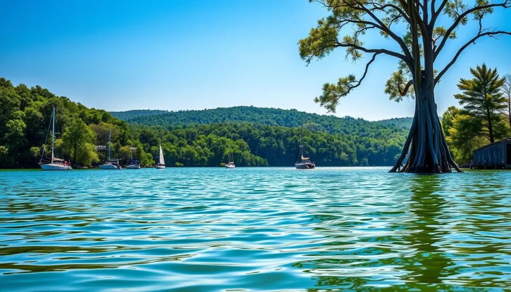 A tranquil summer day at Sardis Lake, Mississippi. In the foreground, pristine waters reflect the surrounding lush greenery and clear sky. Sailboats and fishing boats dot the lake, their sails catching the gentle breeze. In the middle ground, verdant hills and wooded areas line the shoreline, creating a picturesque backdrop. The sun casts a warm, golden glow, illuminating the scene with a serene and inviting atmosphere. Towering cypress trees with their distinctive knees stand tall, casting soft shadows on the glistening surface. This idyllic landscape beckons visitors to explore the natural beauty and tranquility of Sardis Lake, Mississippi.