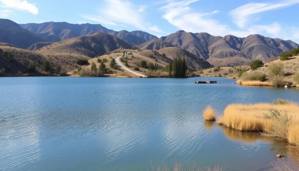 A tranquil summer day at Spanish Flat Reservoir, California. In the foreground, a pristine lake reflects the surrounding hills and trees, inviting visitors to capture its serene beauty. The middle ground features a winding trail leading towards a small boat dock, beckoning exploration. In the background, rugged mountains rise up, their slopes dotted with lush vegetation. Warm, golden sunlight filters through wispy clouds, casting a soft, natural glow over the entire scene. The atmosphere is one of peaceful contemplation, perfect for nature photography enthusiasts seeking to immortalize the stunning vistas of this iconic California landmark.