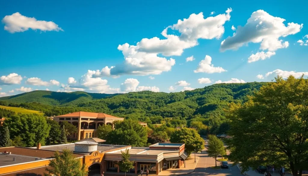 A tranquil summer day in Branson, Missouri. Rolling hills dotted with lush greenery under a vibrant blue sky. Clusters of fluffy white clouds cast gentle shadows across the landscape. In the foreground, a quaint town square bustles with life, its charming buildings and cobblestone streets bathed in warm, golden sunlight. A slight breeze ruffles the trees, creating a serene, welcoming atmosphere. The scene captures the essence of Branson's unique, temperate climate - a perfect blend of natural beauty and small-town character.