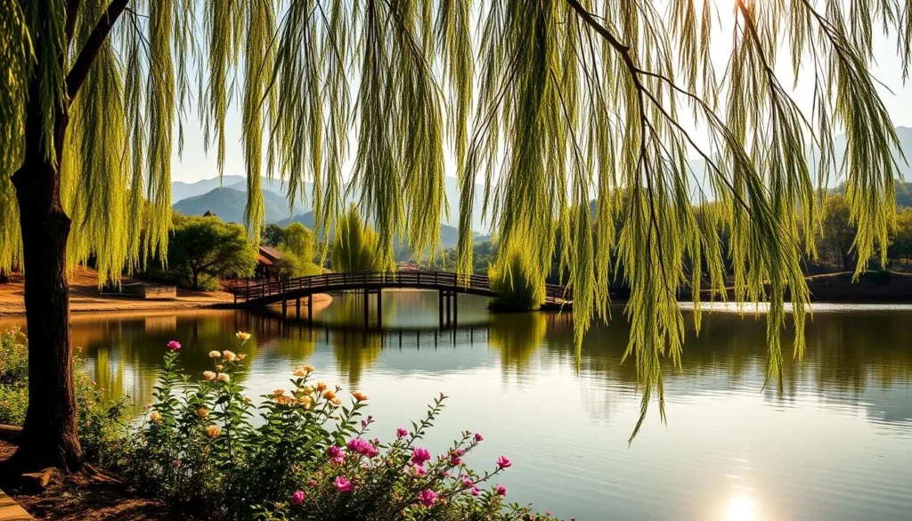 A tranquil, sun-dappled Xuan Huong Lake nestled in the lush, rolling hills of Dalat, Vietnam. In the foreground, the serene waters reflect the verdant trees and blooming flowers that line the shore. Gently swaying willow branches cast delicate shadows on the surface. In the middle ground, a traditional Vietnamese wooden bridge arches gracefully over the lake, inviting visitors to stroll and admire the picturesque scenery. The background features the hazy silhouettes of the surrounding Langbian mountain range, bathed in a warm, golden glow. The scene exudes a sense of tranquility and natural beauty, capturing the essence of Dalat's charming landscape.