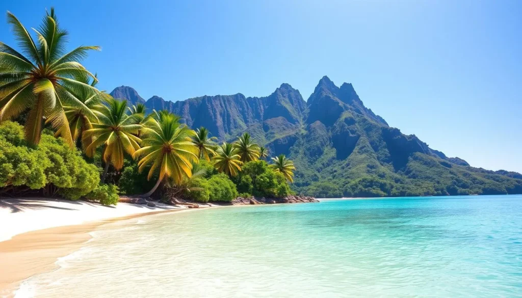 A tranquil, sun-dappled lagoon on the lush, tropical island of Tahiti. Pristine turquoise waters gently lap against a white sandy shore, framed by swaying palm trees and lush, verdant foliage. In the background, rugged volcanic peaks rise majestically, their jagged silhouettes cutting against a clear, azure sky. A serene, picture-perfect scene, captured through a wide-angle lens to showcase the stunning natural beauty of this idyllic South Pacific paradise.