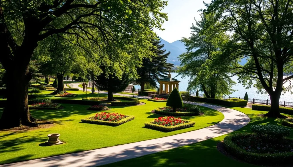 A tranquil, sun-drenched scene of Parco Civico-Ciani, a lush public garden nestled along the shores of Lake Lugano in Switzerland. Capture the serene beauty of its manicured lawns, vibrant flower beds, and stately trees casting gentle shadows across the landscape. Showcase the picturesque promenade winding through the park, inviting visitors to stroll and soak in the peaceful ambiance. Employ a soft, natural lighting that highlights the verdant foliage and the shimmering waters of the lake in the distance. Convey a sense of calm and relaxation, reflecting the park's role as a tranquil oasis in the heart of the city.