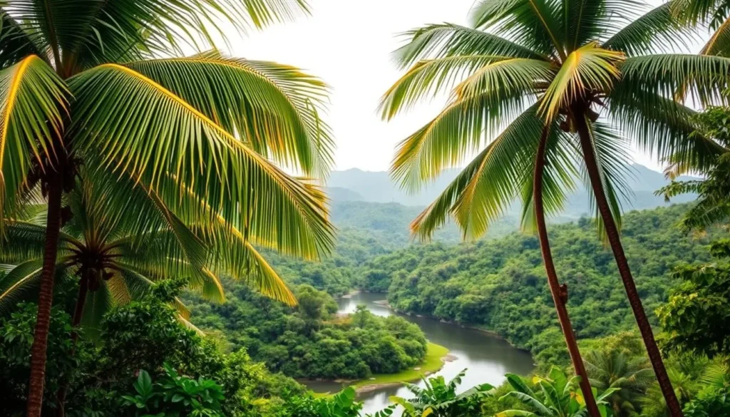 A tranquil tropical landscape in Palau, featuring lush foliage and vibrant hues. Verdant palm trees sway gently in the breeze, their fronds casting dappled shadows on the ground below. In the middle ground, a meandering river winds its way through the verdant scenery, its surface reflecting the soft, diffused light of an overcast day. The background showcases rolling hills blanketed in a verdant tapestry of vegetation, hinting at the island's diverse and thriving ecosystem. The overall scene conveys a sense of peace and serenity, capturing the essence of Palau's rainfall patterns throughout the year.