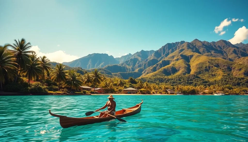 A tranquil tropical landscape on a sunny day in the Austral Islands, French Polynesia. In the foreground, a local islander paddling a traditional outrigger canoe on crystal-clear turquoise waters. In the middle ground, lush palm trees and verdant hills rise up, framing a picturesque village with colorful homes. In the background, dramatic volcanic peaks reach towards the sky, their steep slopes covered in dense jungle foliage. The scene is bathed in warm, golden light, creating a serene and inviting atmosphere. Capture the essence of the Austral Islands' natural beauty and traditional island life.