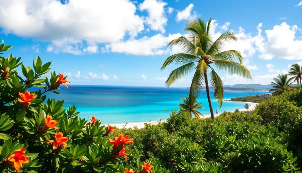 A tranquil tropical landscape showcasing the idyllic weather of Niue. In the foreground, lush verdant foliage with vibrant flowers and palm fronds sway gently in a light breeze. The middle ground features a picturesque coastline with crystal-clear turquoise waters lapping against white sandy beaches. In the background, a cloudless azure sky stretches out, complemented by the distant silhouette of rolling hills. The scene is bathed in warm, golden sunlight, creating a serene and inviting atmosphere. Capture the essence of a perfect day in this South Pacific paradise.