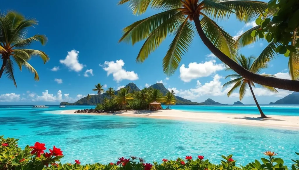 A tranquil tropical paradise, Tahiti Island basking in glorious sunshine. Turquoise waters caress the pristine white-sand beaches, palm trees sway gently in the warm island breeze. Lush green foliage and colorful flowers create a vibrant, natural backdrop. Soft, diffused lighting illuminates the scene, casting a golden glow over the idyllic landscape. Capture the essence of this beautiful French Polynesian destination, showcasing its inviting climate and stunning natural beauty. A serene, captivating image that evokes the allure of Tahiti.