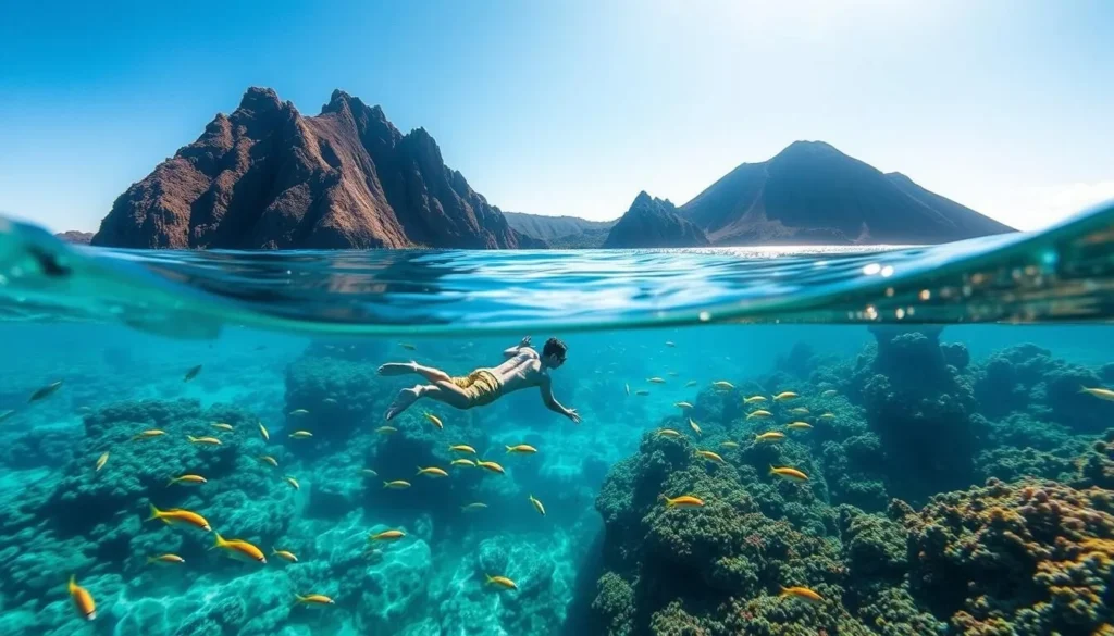 A tranquil underwater scene in the crystal-clear waters off Ua Pou Island, French Polynesia. A snorkeler explores the vibrant coral reef, surrounded by schools of tropical fish in shimmering hues of blue, yellow, and orange. Sunlight filters through the surface, casting a warm glow on the submerged landscape. Rugged volcanic cliffs rise in the distance, framing the serene, boundless ocean. Capture the essence of a captivating water-based adventure amidst the natural splendor of this remote, unspoiled island paradise.