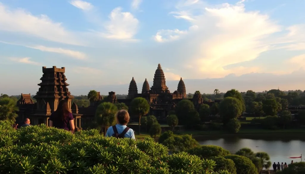 A tranquil vista of the iconic Angkor Wat temple complex under a serene, partly cloudy sky. In the foreground, lush, verdant foliage frames the ornate, tiered towers, their intricate stone carvings and sculptures bathed in warm, golden light. Tourists explore the grounds, marveling at the site's timeless beauty. The middle ground reveals the vast, expansive moat surrounding the temple, its placid waters reflecting the dramatic, wispy clouds above. In the distance, the ancient, jungle-clad ruins of Angkor Thom stand majestically, creating a sense of timeless wonder. This picturesque scene conveys the ideal weather conditions for a captivating, weather-savvy visit to Angkor, Cambodia.