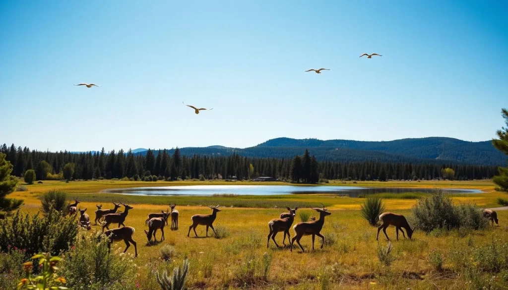 A tranquil wildlife area near the shores of Black Butte Lake, California. In the foreground, a herd of deer grazes peacefully amidst lush greenery and wildflowers. In the middle ground, a serene pond reflects the azure sky and distant pine-covered hills. Overhead, birds soar gracefully, casting gentle shadows on the landscape below. The warm, golden light of a sun-dappled afternoon bathes the scene in a soft, natural glow, creating a peaceful and inviting atmosphere. The entire composition conveys a sense of harmony between nature and its inhabitants, an idyllic escape for both wildlife and human visitors to the lake.
