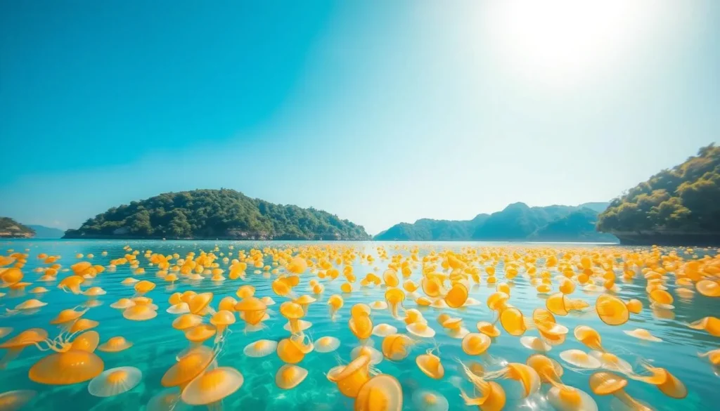A tranquil winter scene in Palau's Jellyfish Lake, where thousands of golden jellyfish gracefully drift in the turquoise waters beneath a warm, golden sun. The foreground features the lake's surface, dotted with swaying jellyfish, while the middle ground showcases the lush, verdant cliffs surrounding the body of water. In the background, the sky is a brilliant, cloudless blue, evoking a sense of peace and serenity. The lighting is soft and diffused, casting a warm, welcoming glow over the entire scene. Capture the enchanting beauty of this natural wonder during Palau's holiday season.