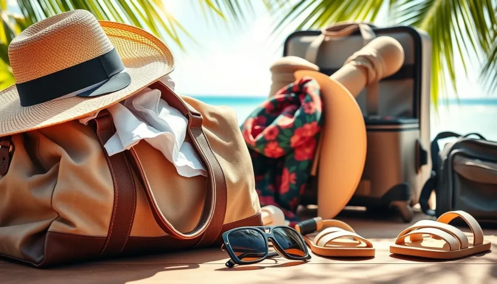 A tropical paradise unfolds, showcasing the essentials for a blissful Singapore sojourn. In the foreground, a stylish duffel bag overflows with breathable fabrics, quick-dry shirts, and light, airy shorts. Nearby, a straw sun hat casts a gentle shadow, complemented by a pair of polarized sunglasses that shield against the brilliant sunshine. In the middle ground, a vibrant floral print scarf and a compact, collapsible umbrella hint at the region's lush greenery and occasional showers. The background features a suitcase brimming with versatile sandals, lightweight layers, and a sturdy, moisture-wicking backpack - all the essentials for navigating Singapore's warm, humid climate with ease and comfort.