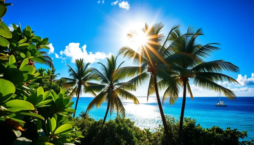 A tropical paradise unfolds, where azure skies meet the crystalline waters of the Solomon Islands. Lush, verdant foliage frames the scene, casting dappled shadows that dance across the sun-kissed landscape. Towering palm trees sway gently in the warm, balmy breeze, their fronds rustling in a soothing melody. The sun, positioned high in the sky, casts a warm, golden glow, illuminating the vibrant hues of the vibrant flora and the tranquil, shimmering ocean. In the distance, a lone sailboat glides across the horizon, its white sails billowing gracefully. The atmosphere exudes a sense of serenity and paradise, perfectly capturing the essence of the Solomon Islands' idyllic weather.