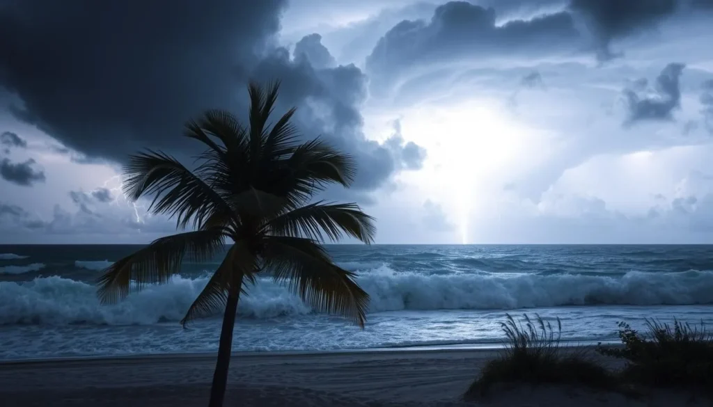 A tropical storm rages over the Gulf of Mexico, its swirling vortex of wind and rain illuminated by flashes of lightning. Thick, billowing clouds obscure the horizon, while the churning sea crashes against the sandy shores of Pensacola, Florida. In the foreground, a lone palm tree bends in the fierce gusts, its fronds rustling ominously. The scene conveys the power and unpredictability of hurricane season, a time when coastal communities must remain vigilant and prepared for the potential devastation that these powerful storms can bring.