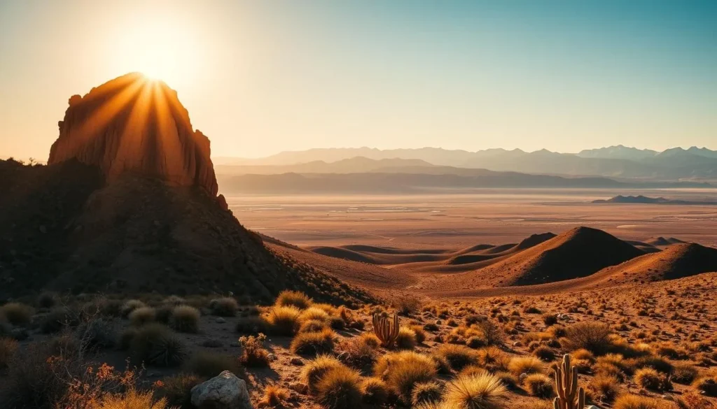 A vast, awe-inspiring Nevada landscape under the warm, golden glow of the sun. In the foreground, a rugged, wind-sculpted rock formation casts dramatic shadows across the desert floor, dotted with hardy desert shrubs and cacti. The middle ground is a sprawling expanse of rolling hills, their slopes reflecting the sun's radiance. In the distant background, majestic mountain peaks pierce the cloudless azure sky, their snow-capped summits glimmering. The scene exudes a tranquil, serene atmosphere, capturing the unique charm and natural beauty of the Silver State.