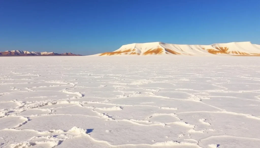 A vast expanse of pristine white salt crystals stretches out before the viewer, reflecting the warm, golden sunlight that bathes the scene. In the distance, gently undulating ridges and mounds of salt rise up, sculpted by the elements over eons. The foreground is dotted with delicate salt formations, their intricate patterns and textures inviting closer inspection. The overall atmosphere is one of serene tranquility, with a sense of timelessness and the immense geological forces that have shaped this unique and captivating landscape.
