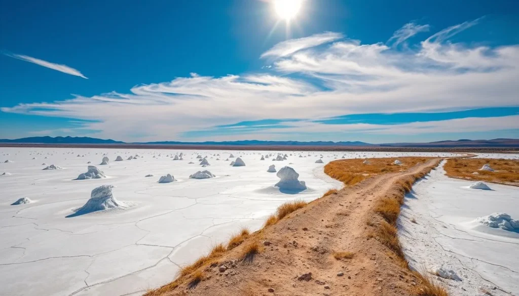 A vast expanse of undulating salt plains, dotted with striking salt formations, under a brilliant azure sky. A well-marked hiking trail winds through the otherworldly landscape, inviting exploration. Sunlight filters through wispy clouds, casting a warm, golden glow over the scene. In the distance, rolling hills and scattered vegetation provide a serene backdrop. Capture the serene tranquility and natural beauty of Great Salt Plains State Park, with its unique geological wonders and scenic hiking trails, using a wide-angle lens to showcase the expansive vistas.