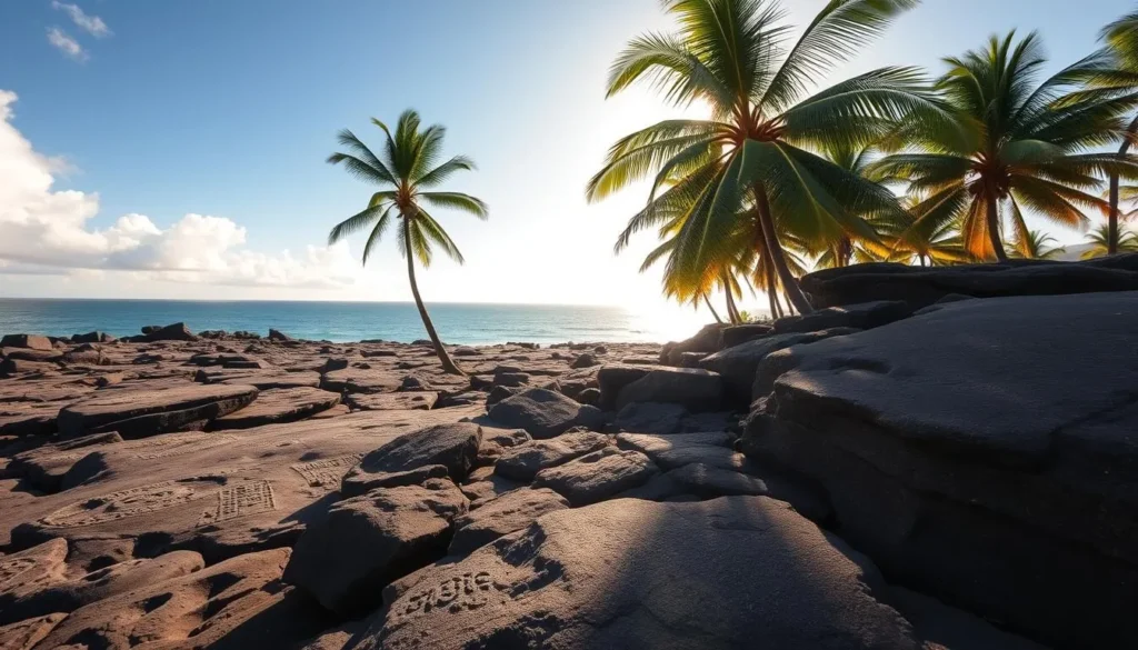 A vast expanse of volcanic rock, carved with ancient petroglyphs, lies within the Waikoloa Petroglyph Reserve. Sunlight casts warm hues across the rugged terrain, illuminating the intricate etchings that tell the stories of Hawaii's indigenous people. Towering palm trees sway gently in the coastal breeze, framing the scene with lush greenery. The tranquil atmosphere invites visitors to step back in time, immersing themselves in the rich cultural heritage of this remarkable site. Capture the essence of this historical and cultural significance through a wide-angled lens, showcasing the captivating interplay of light, shadow, and the timeless artistry of the petroglyphs.
