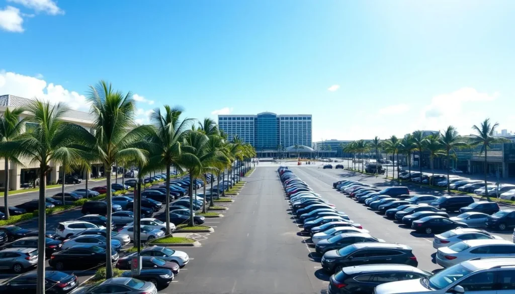 A vast, expansive outdoor parking lot at Ala Moana Center, Oahu's premier shopping destination. Rows of neatly arranged cars under a bright, cloudless sky. Lush palm trees line the perimeter, casting gentle shadows. The lot is well-organized, with clear signage and marked parking spaces. In the distance, the iconic Ala Moana Center building rises, its modern architectural design gleaming in the sunlight. The atmosphere is calm and serene, inviting visitors to easily navigate and find a spot to start their shopping adventure. Capture the practical yet picturesque essence of this vibrant Hawaiian shopping center's parking facilities.