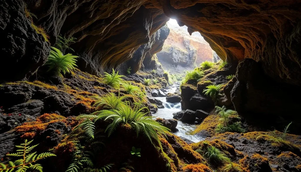 A vast lava tube, its walls aglow with a warm, amber hue, serves as the stunning backdrop for a thriving ecosystem. In the foreground, delicate ferns and mosses cling to the craggy surfaces, their vibrant greens contrasting against the rugged rock. Sunlight filters in through the tube's openings, casting a soft, natural illumination that highlights the diverse array of lichens and microbial life clinging to the walls. In the middle ground, a small stream meanders through the cave, its crystal-clear waters reflecting the intricate patterns of the surrounding rock formations. The overall scene exudes a sense of tranquility and wonder, inviting the viewer to explore this unique and captivating lava tube environment.