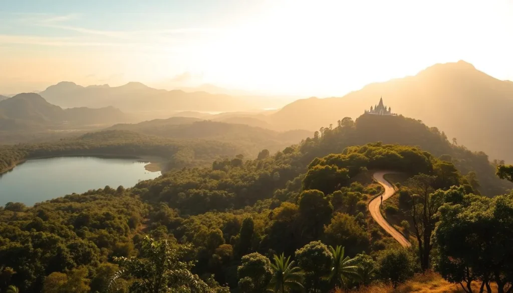 A vast, lush landscape of Bokor National Park unfolds before the viewer, bathed in warm, golden sunlight. In the foreground, a serene lake reflects the towering mountains and ancient forest canopy surrounding it. Wispy clouds drift overhead, creating a sense of tranquility. The middle ground features a winding path leading deeper into the park, inviting exploration. Diverse flora and fauna thrive in the verdant environment, hinting at the park's biodiversity. In the distance, the iconic Bokor Hill Station sits atop a majestic peak, its historic architecture blending seamlessly with the natural scenery. The overall atmosphere is one of serene wonder, capturing the essence of this captivating Cambodian destination.