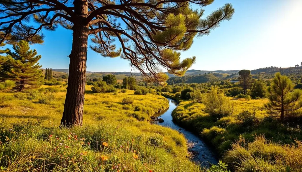 A vast, lush landscape of the Al Shouf Cedar Nature Reserve in Lebanon, bathed in warm, golden sunlight. In the foreground, a majestic cedar tree stands tall, its branches reaching towards the sky. Beneath it, a group of vibrant wildflowers add splashes of color to the verdant forest floor. In the middle ground, a small stream meanders through the scene, its gentle waters reflecting the surrounding foliage. In the distance, the rolling hills are dotted with more ancient cedars, creating a serene and untouched atmosphere. The scene exudes a sense of tranquility and natural harmony, inviting the viewer to immerse themselves in the rich biodiversity of this protected wilderness.
