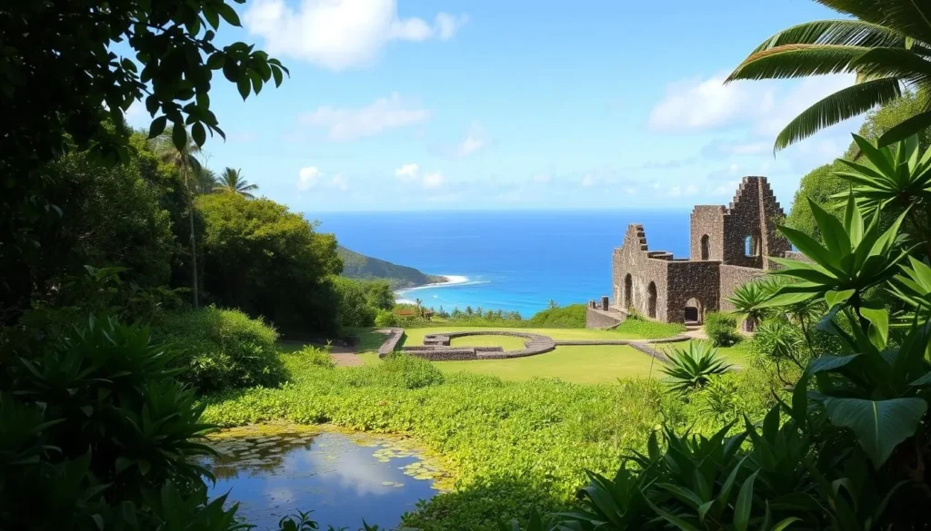 A vast, lush landscape of the Kaloko-Honokohau National Historical Park on the Big Island of Hawaii. In the foreground, a tranquil freshwater pond surrounded by thick green foliage and native Hawaiian flora. In the middle ground, weathered stone structures and ruins from ancient Hawaiian settlements, their history echoing through the gentle breeze. The background frames a breathtaking view of the Pacific Ocean, its azure waters sparkling under the warm Hawaiian sun. Capture the serene, timeless atmosphere of this sacred historical site with natural lighting, a wide-angle lens, and a sense of awe and wonder.