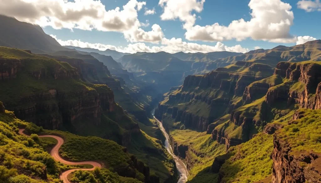 A vast, majestic canyon carved by the Waimea River, its dramatic cliffs and ridges stretching into the distance. Lush, verdant vegetation cascades down the canyon walls, creating a serene, natural harmony. Warm, golden light bathes the scene, casting long shadows and highlighting the intricate textures of the rock formations. A winding, serpentine trail leads the eye through the foreground, inviting the viewer to explore this breathtaking natural wonder. Fluffy white clouds drift across a brilliant blue sky, completing the picturesque, tranquil atmosphere of the "Grand Canyon of the Pacific".