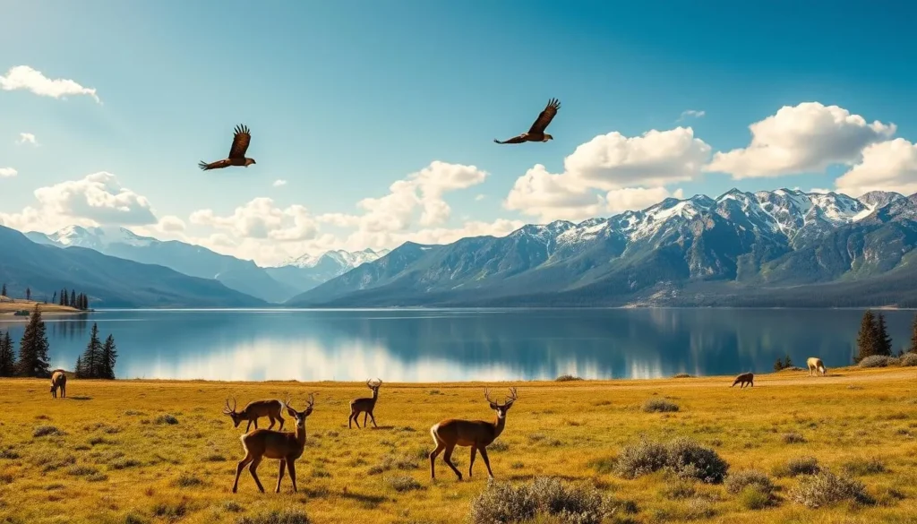 A vast, panoramic scene of the pristine Lower Blue Lake in California's Sierra Nevada mountains. In the foreground, a group of deer graze peacefully on the lush, verdant meadow, their alert eyes scanning the surroundings. In the middle ground, a pair of bald eagles soar gracefully, their wings outstretched against a brilliant blue sky dotted with fluffy white clouds. In the distance, the rugged, snow-capped peaks of the mountains rise majestically, mirrored in the still, crystal-clear waters of the lake. The warm, golden light of the afternoon sun bathes the entire scene, creating a serene and awe-inspiring atmosphere perfect for wildlife observation.