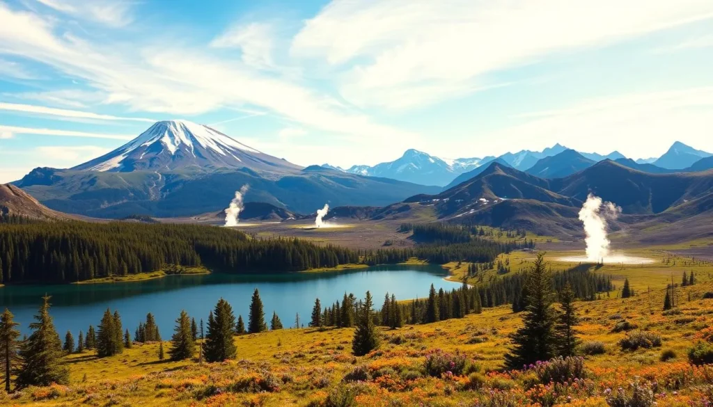 A vast, rugged landscape of Lassen Peak Range in California's volcanic national park. In the foreground, a tranquil alpine lake reflects the towering, snow-capped volcano. Lush, evergreen forests surround the lake, with vibrant wildflowers dotting the verdant meadows. Wispy clouds drift across a bright, azure sky, casting soft shadows on the serene scene. In the middle ground, steam vents and fumaroles emanate from the volcanic terrain, hinting at the geological forces that shaped this dramatic environment. The background features the majestic, jagged peaks of the Cascade Range, their slopes adorned with patches of snow. Warm, golden sunlight illuminates the entire panorama, evoking a sense of peaceful exploration and wonder at the remarkable volcanic wonders of Lassen Peak.