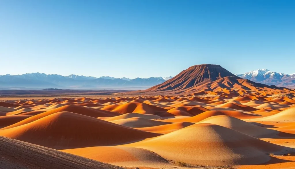 A vast, rugged landscape unfolds, dominated by the majestic Cinder Cone, its slopes a tapestry of charcoal and vermillion. In the foreground, the Painted Dunes undulate in a mesmerizing display of ochre, sienna, and umber, their surfaces sculpted by the wind. The sun casts a warm, golden glow, illuminating the scene with a sense of tranquility. In the distance, the snow-capped peaks of the Lassen Range stand as silent sentinels, framing the otherworldly vista. A serene, expansive sky overhead completes the scene, inviting the viewer to bask in the splendor of this geologic wonder.