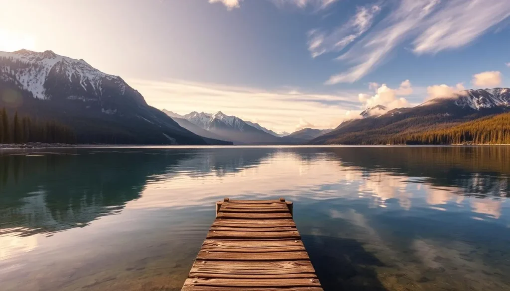 A vast, serene alpine lake nestled amidst majestic snow-capped peaks, with emerald-green forests cascading down the surrounding slopes. Calm, crystal-clear waters reflect the dramatic mountainous landscape, creating a breathtaking mirrored effect. Warm, golden sunlight filters through wispy clouds, casting a soft, ethereal glow over the tranquil scene. A lone, weathered wooden dock juts out into the lake, inviting visitors to bask in the peaceful ambiance. The overall atmosphere evokes a sense of natural harmony and rejuvenation, perfectly capturing the essence of Big Bear Lake's captivating beauty.